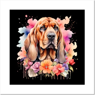 A bloodhound decorated with beautiful watercolor flowers Posters and Art